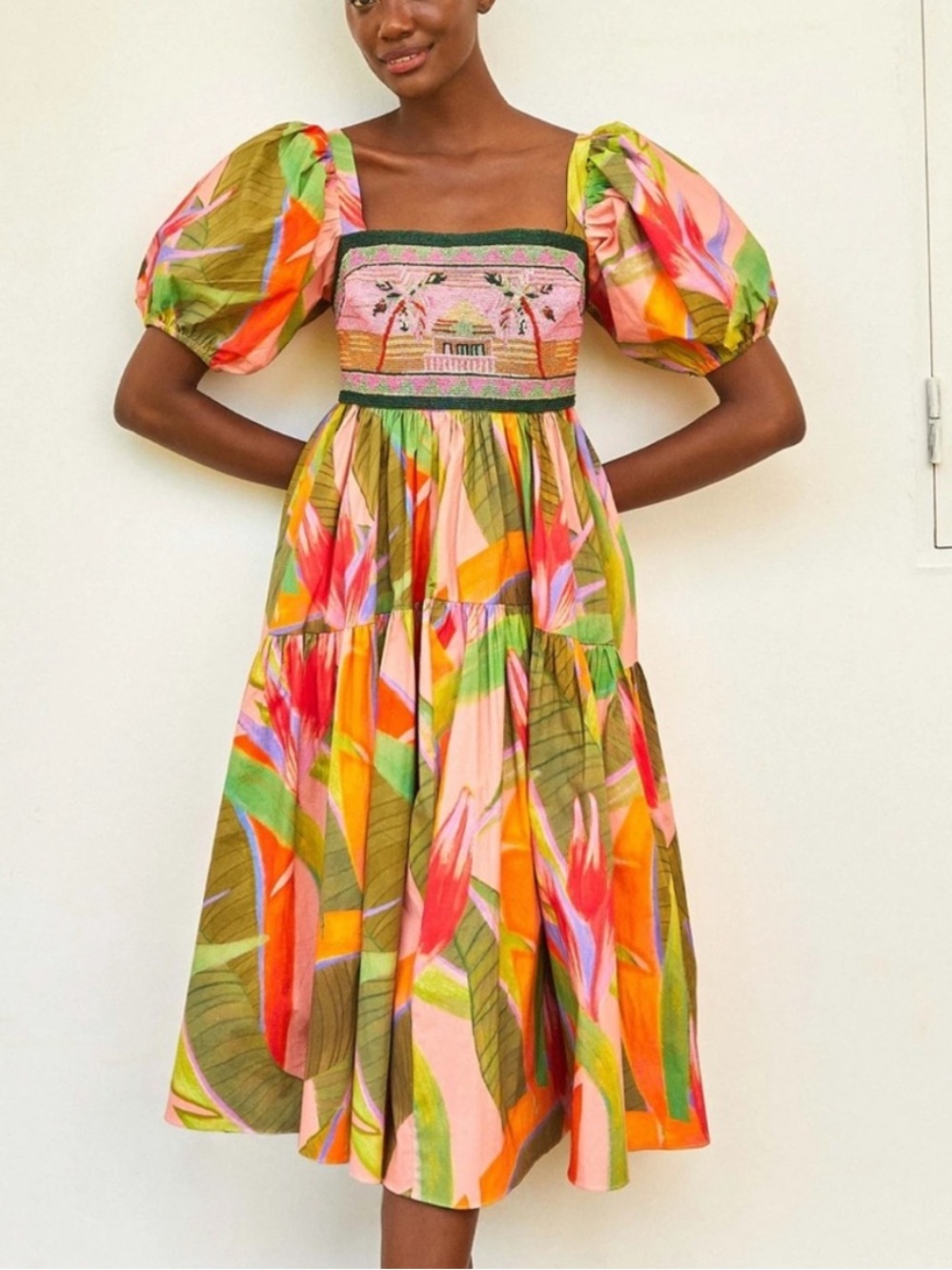 Farm Rio Pink Garden Beaded Embroidered Midi Dress M